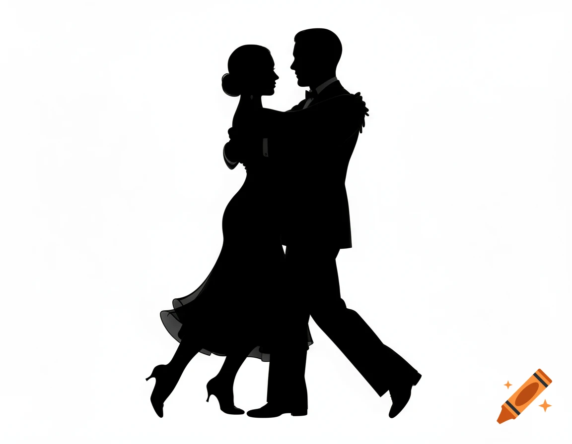 Black silhouettes of a man and woman gracefully dancing tango against a white background.