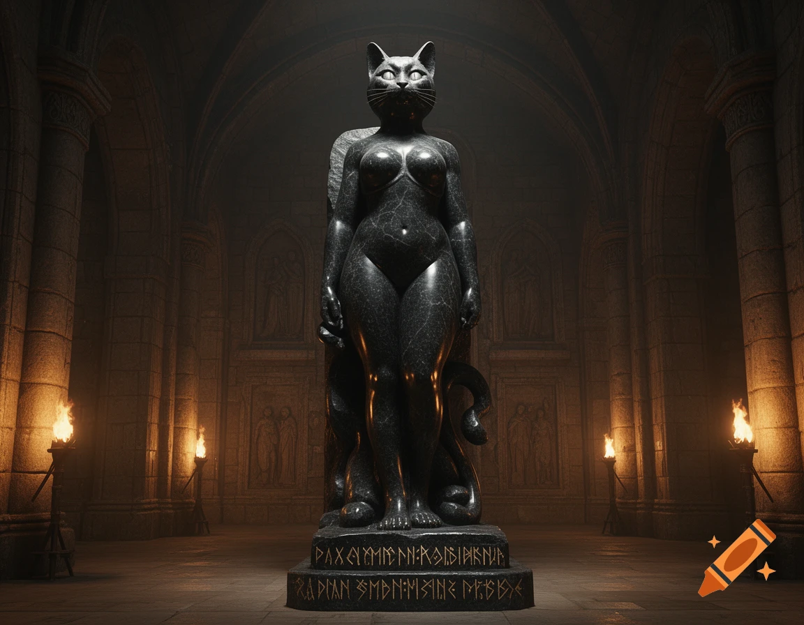 Large, dark marble cat-woman statue stands in a dimly lit medieval temple, lit by torches.