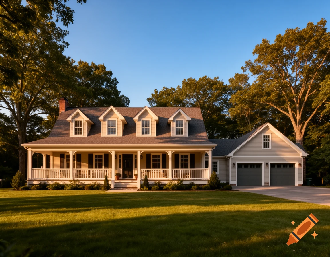 Photorealistic American-style house with a wraparound porch, gables, an attached double garage, green lawn, and trees.