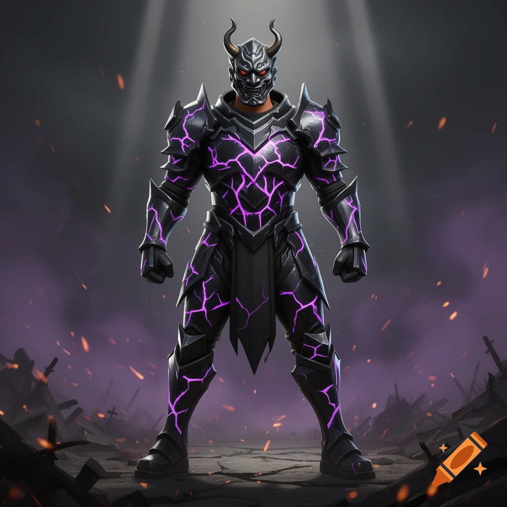 Full-body of a man in glowing purple-cracked black armor and a horned Oni mask with red eyes, standing in a desolate, dark setting under a spotlight.