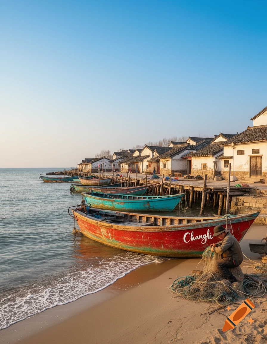 A person mending a fishing net on a sandy beach next to colorful boats, with coastal houses and a clear sky in the background.
