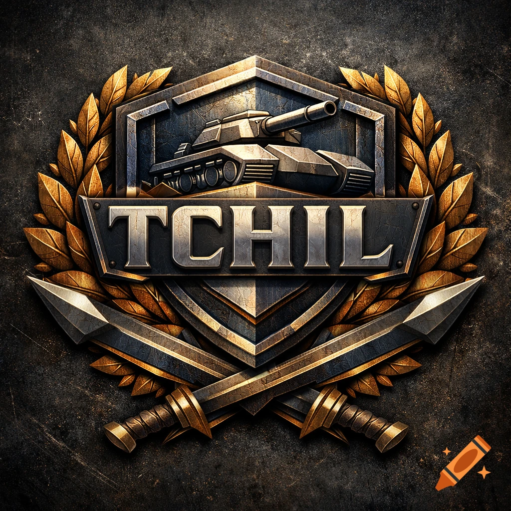 A metallic combat emblem with a tank, crossed swords, laurel wreaths, and the name 'TCHIL' in a stylized font.