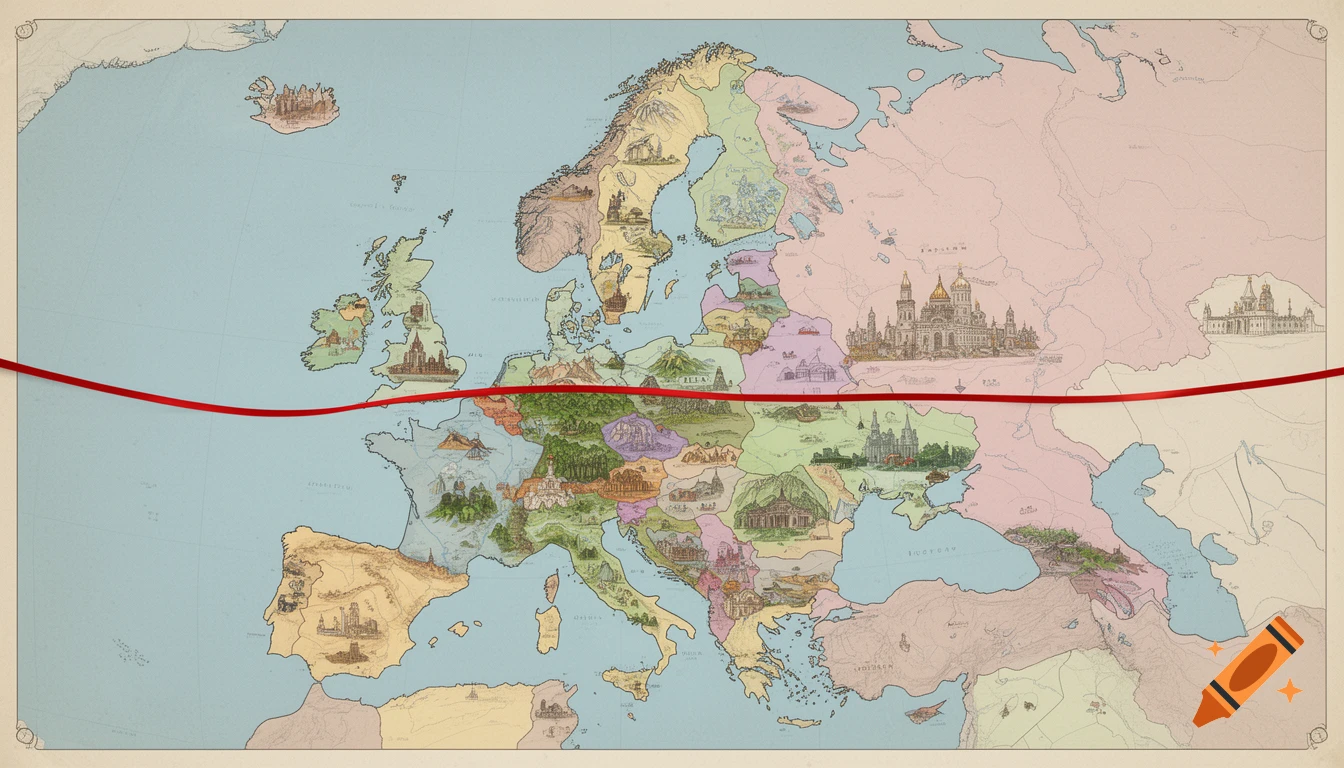 A stylized map of Europe featuring illustrated landmarks within each country, crossed by a prominent red line.