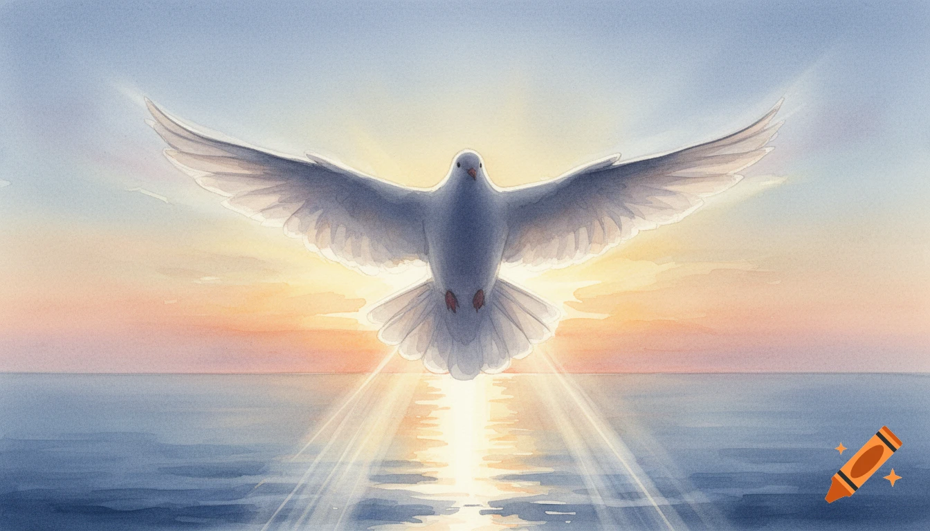 A watercolor painting of a white dove flying towards a vibrant sunrise over a calm ocean.
