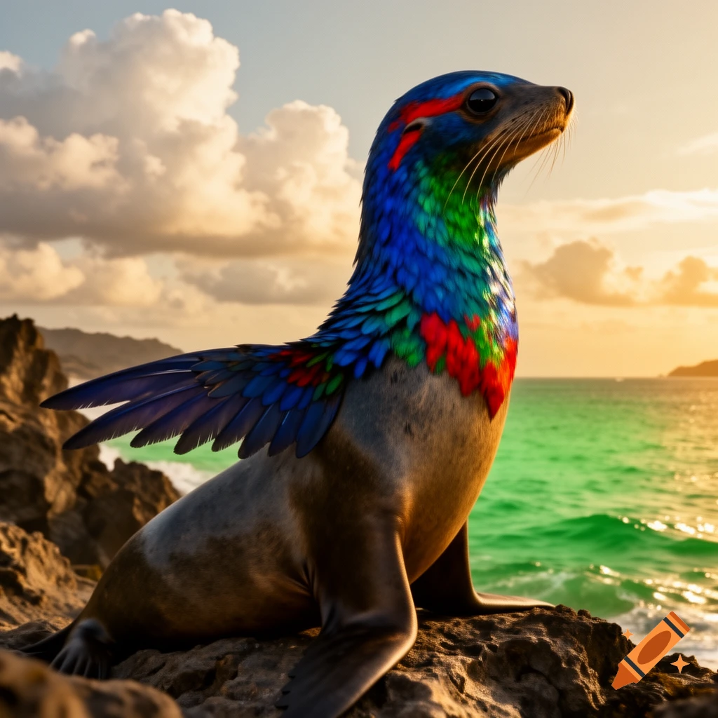 A colorful feathered sea lion with small wings sits on rocks by the ocean at sunset, in a photorealistic style.