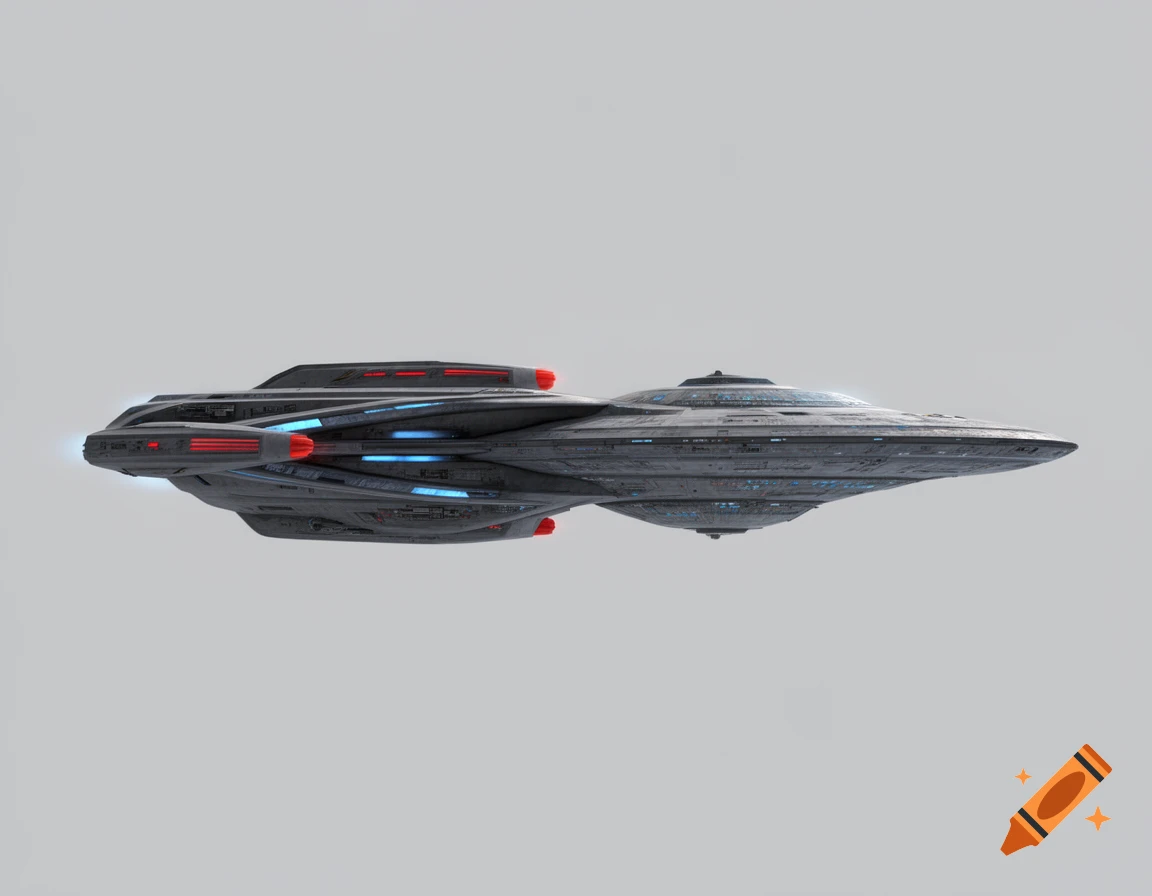 A gray Star Trek-style spaceship with blue and red lights, seen from the side against a light gray background.