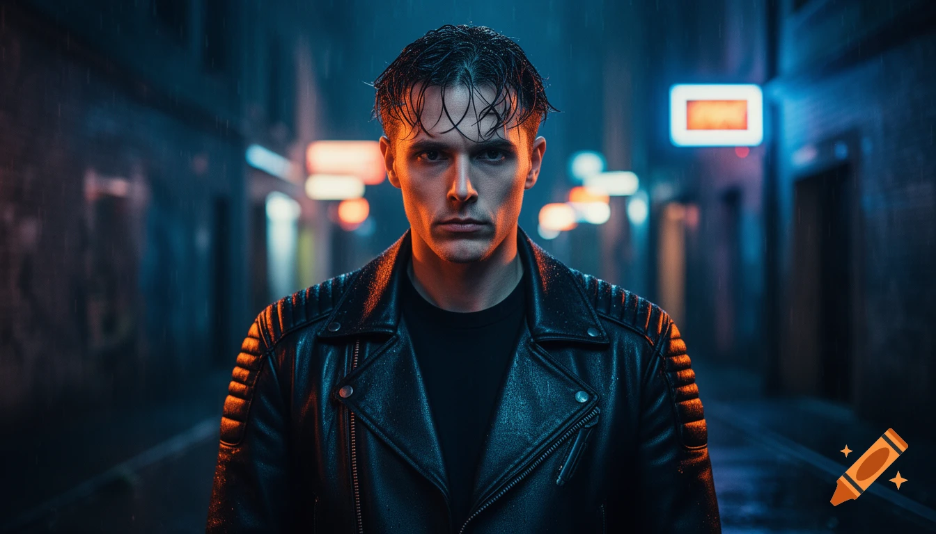 Man in a wet black leather jacket in a rainy, neon-lit city alley at night, dramatic blue and orange lighting, photorealistic.