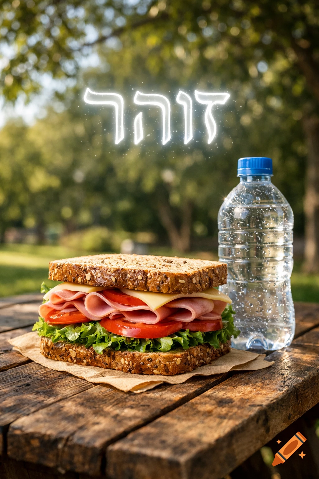 A photorealistic sandwich on whole-wheat bread with ham, cheese, lettuce, and tomato, next to a water bottle on a wooden picnic table. Glowing Hebrew text floats above them in an outdoor park setting.