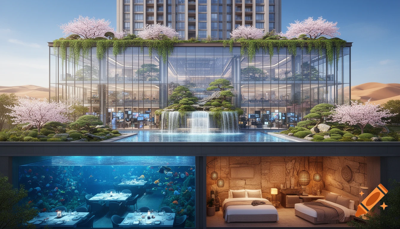 A luxurious dream hotel featuring modern architecture, glass facade, rooftop gardens, waterfall pool, underwater restaurant, and desert-themed rooms.