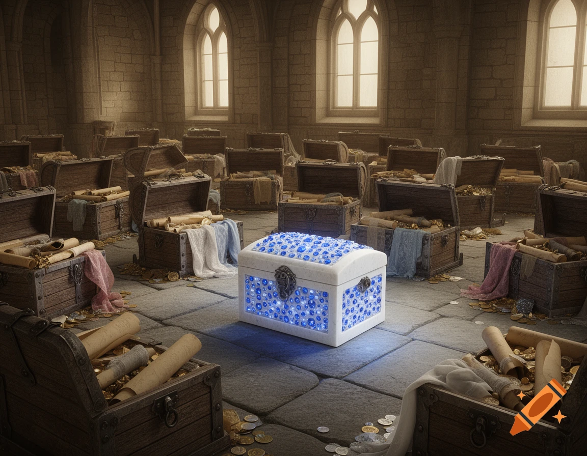 Photorealistic image of a stone room filled with open wooden treasure chests and a central glowing white chest inlaid with blue sapphires.
