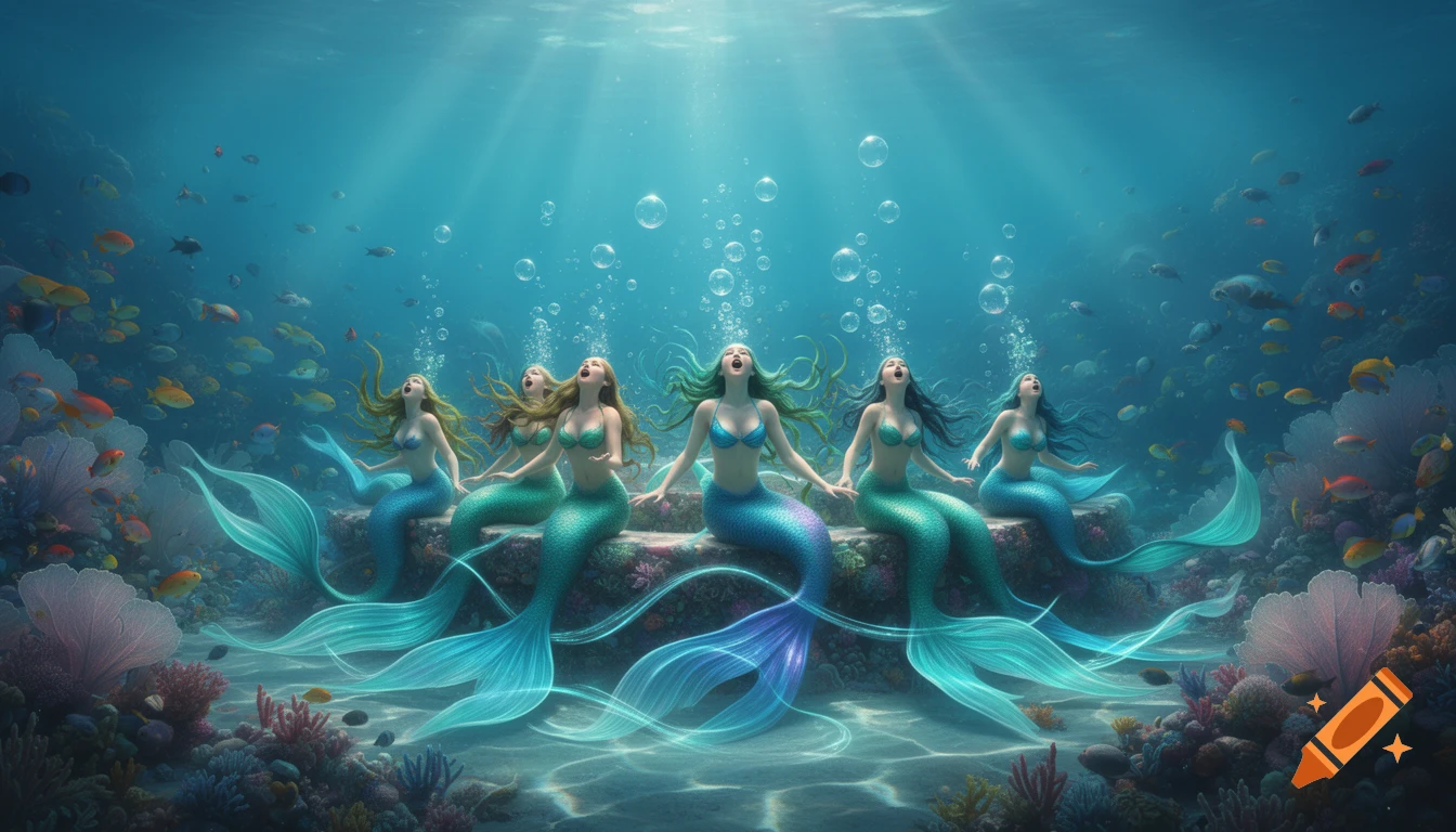 Five mermaids with colorful tails singing underwater, surrounded by coral and schools of fish with light rays filtering from the surface.