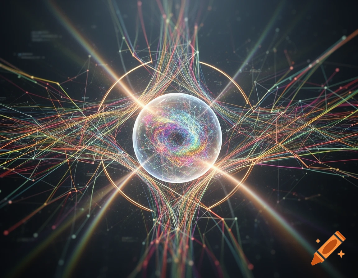 A glowing, rainbow-colored orb at the center of a complex network of multi-colored lines and glowing nodes, radiating light.