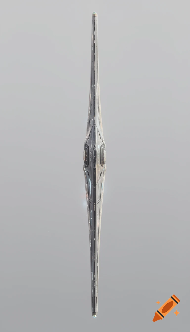 An extremely elongated, sleek, futuristic silver spaceship with subtle lights, centered vertically against a light gray background.