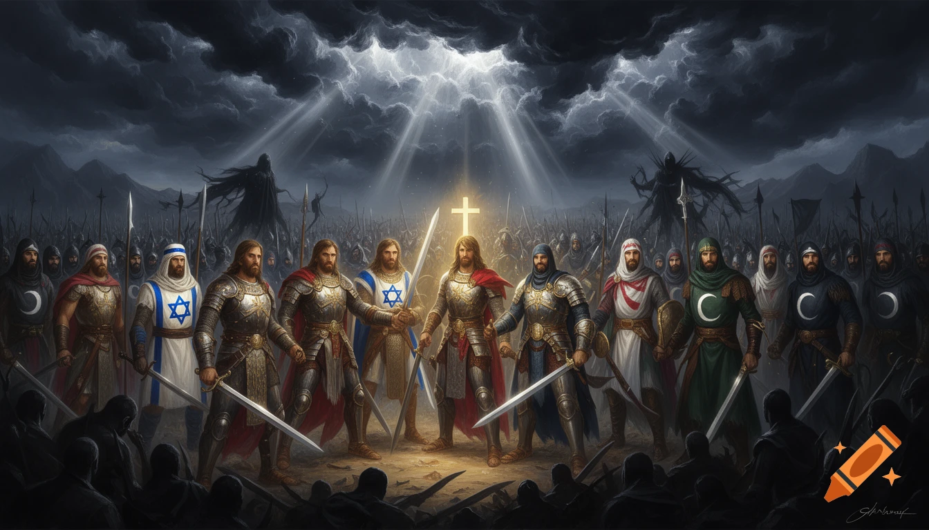Epic fantasy art: unified Jewish, Christian, and Muslim armies with swords, under a dramatic sky with divine light, facing dark foes.