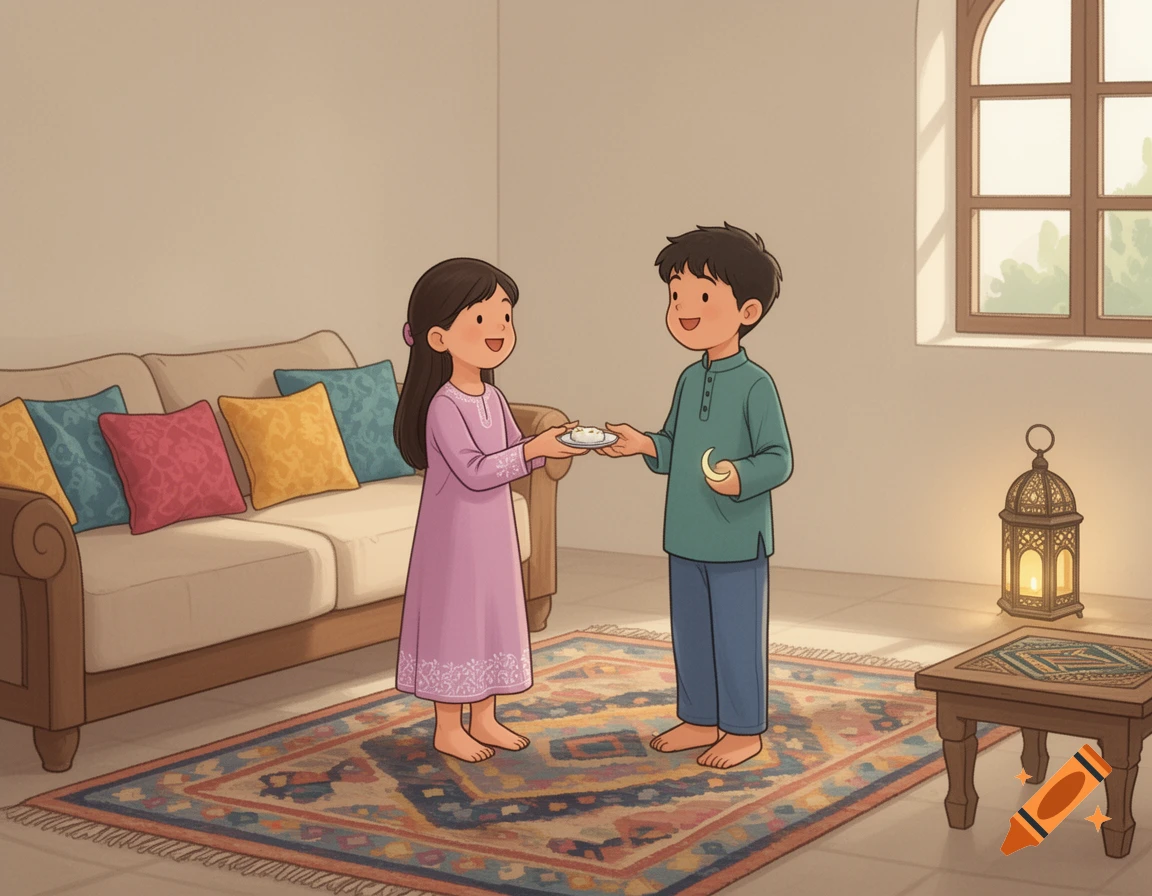 A cartoon girl giving a plate to a boy holding a crescent moon in a warm, patterned living room.