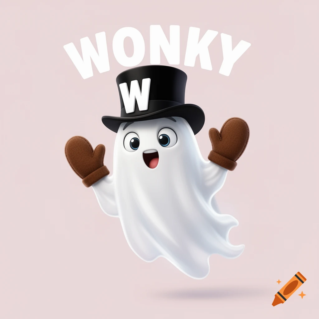 A cute white cartoon ghost with big blue eyes, a black top hat with a white 'W', and brown mittens, with 'WONKY' text above.