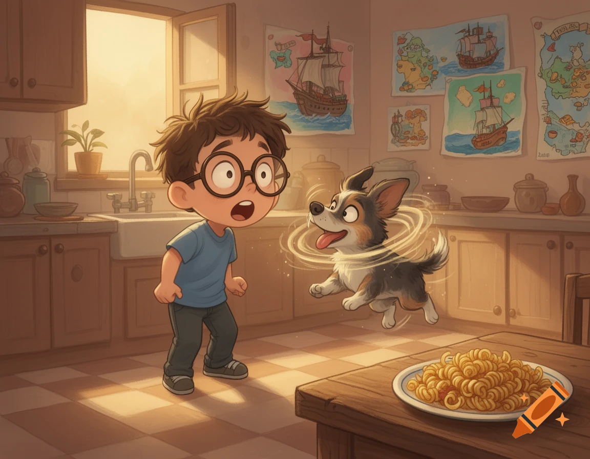 A cartoon boy with round glasses looks surprised as a small dog with swirly magic lines jumps in a cozy kitchen with a plate of pasta.
