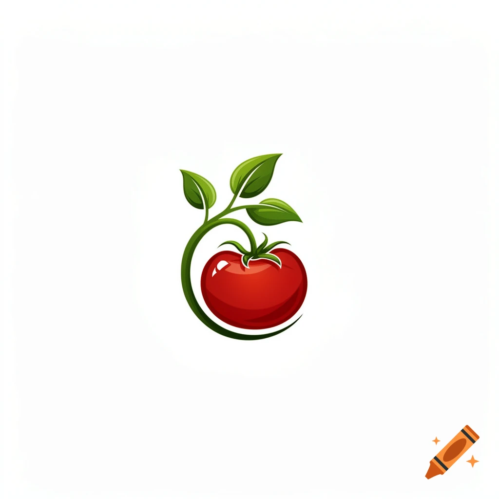 A stylized logo featuring a vibrant red tomato with green leaves and a swirling green stem on a white background.