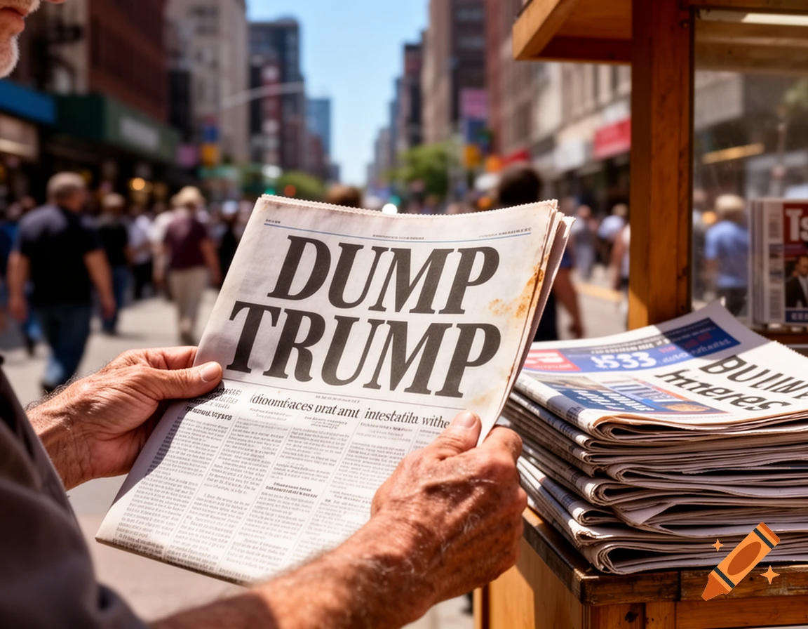 A person holds up a newspaper on a city street, displaying the bold headline "DUMP TRUMP".