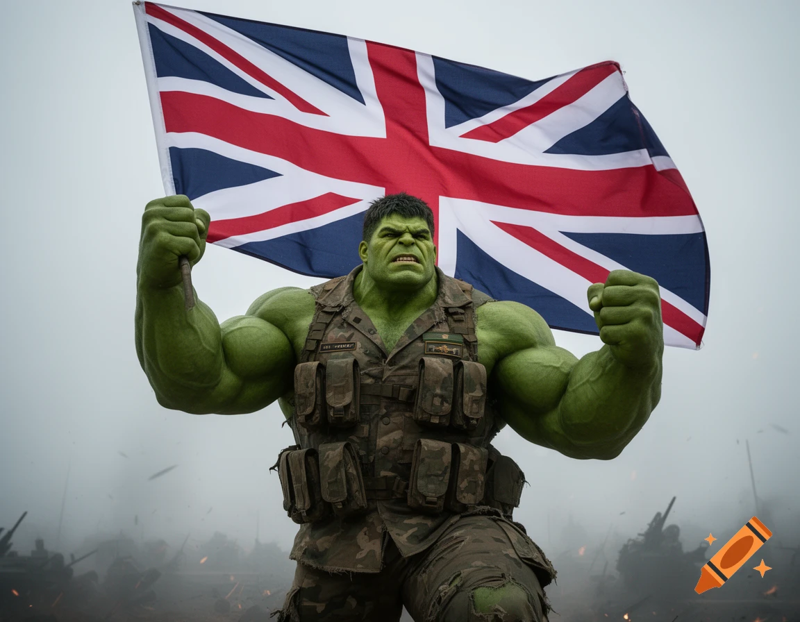 The Incredible Hulk in military gear flexes his muscles while holding a British flag on a smoky battlefield.
