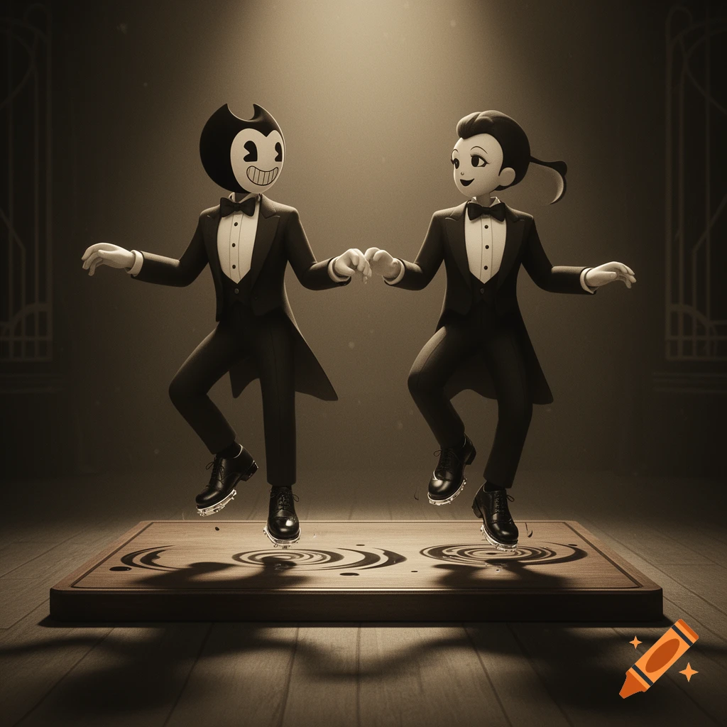 Bendy and Alice Angel from Bendy and the Ink Machine, dressed in tuxedos and tap shoes, dance on a wooden board.