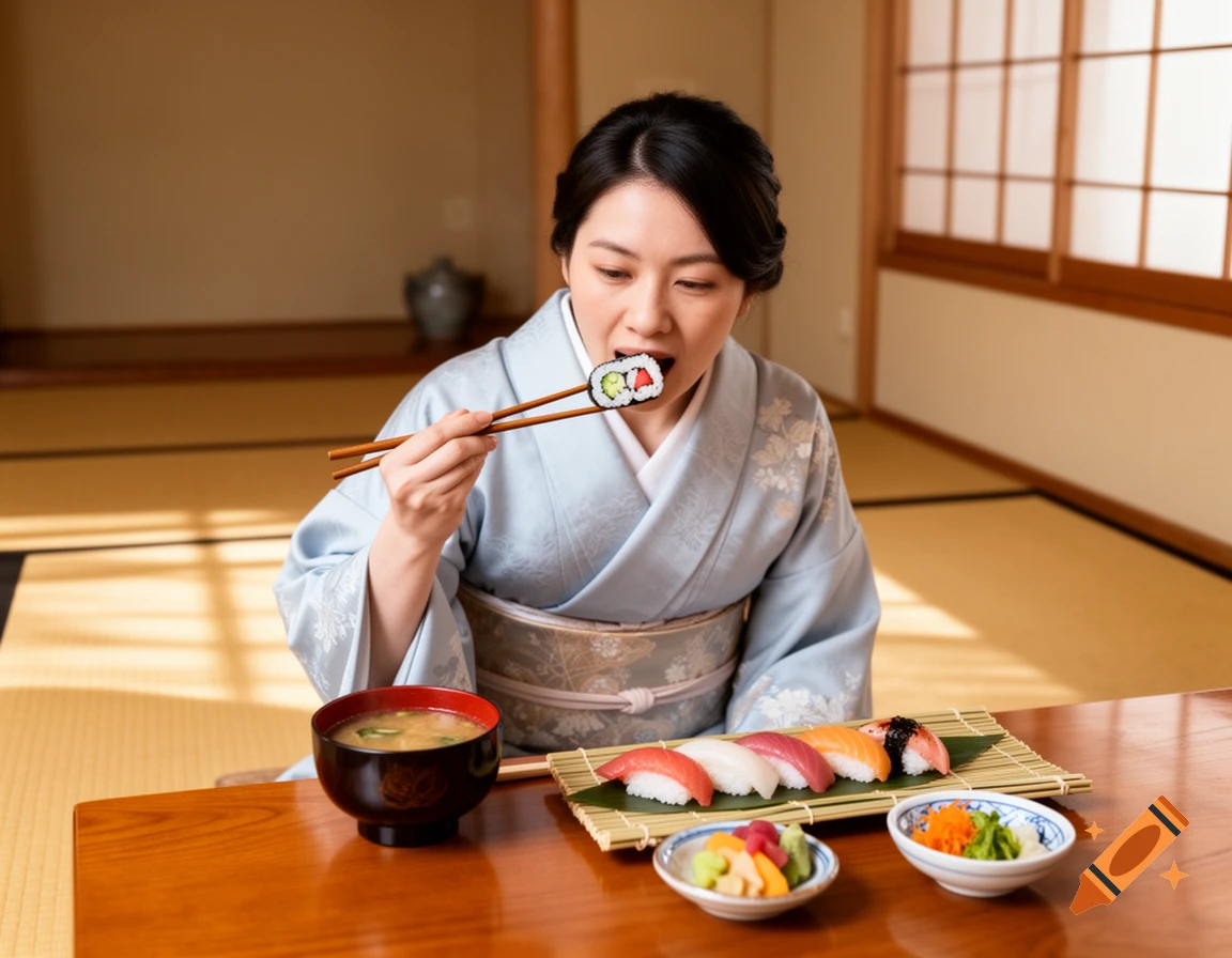 A Japanese woman in a kimono eating sushi with chopsticks at a low wooden table in a traditional room, with miso soup and side dishes.