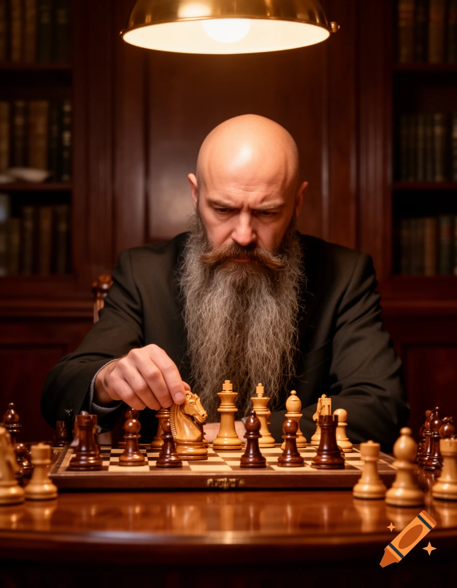A bald man with a long gray beard in a suit plays chess, moving a knight piece, under a brass lamp in a study.