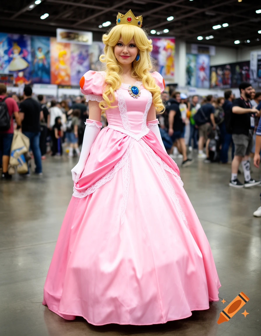 A woman in a detailed Princess Peach cosplay, featuring a pink ball gown, blonde wig, and crown, smiles at a convention.