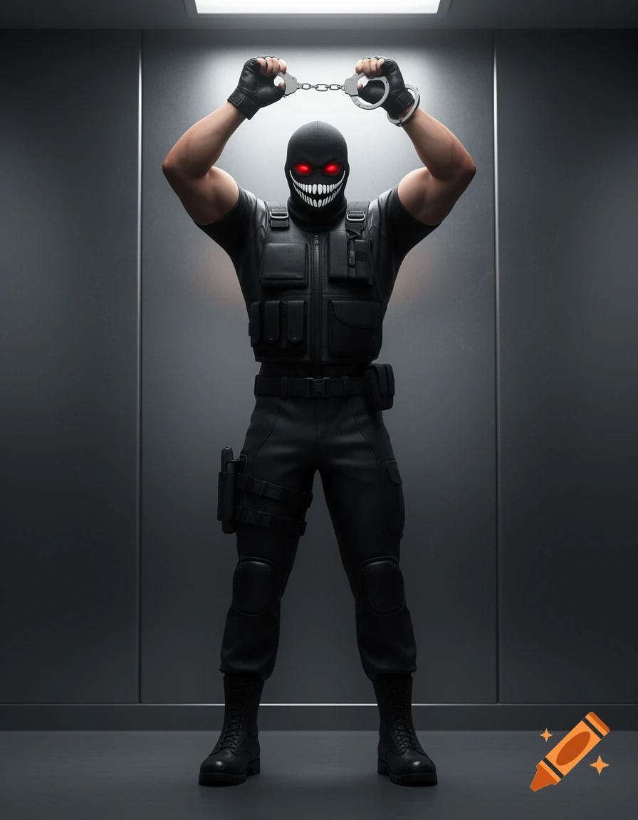 A muscular male in black tactical gear and a creepy balaclava with red eyes holds handcuffs over his head in a 3D animated style.