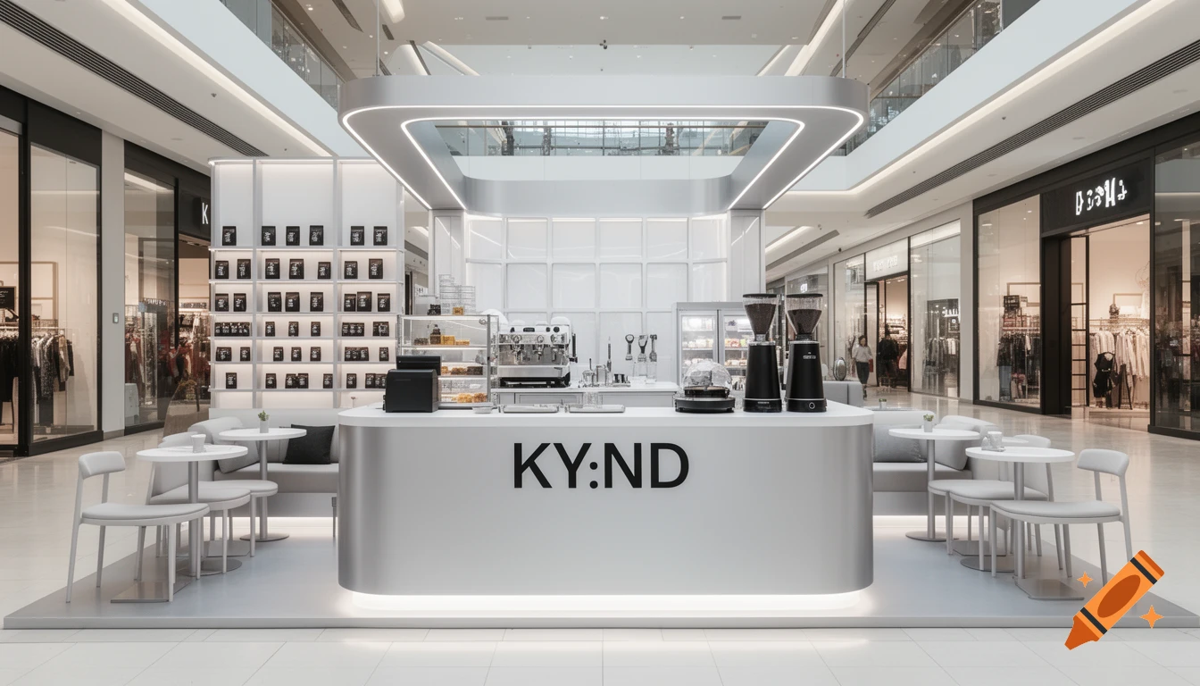 A futuristic and minimalist coffee kiosk named KY:ND with a silver counter, white surfaces, and lounge seating inside a brightly lit shopping mall.