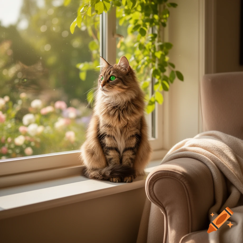 A fluffy brown tabby cat with bright green eyes sits on a sunlit ...