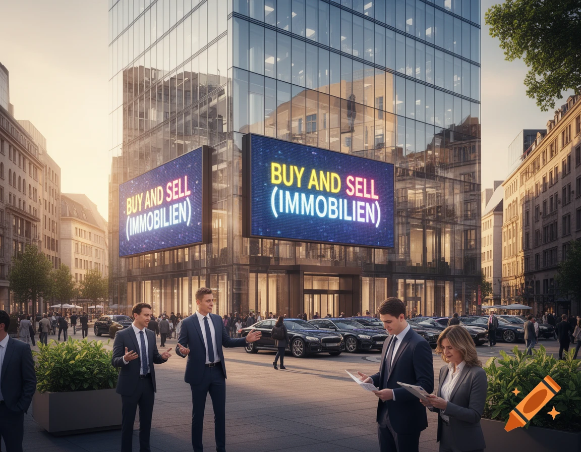Photorealistic image of business people on a modern city street with large digital billboards showing 'BUY AND SELL (IMMOBILIEN)'.