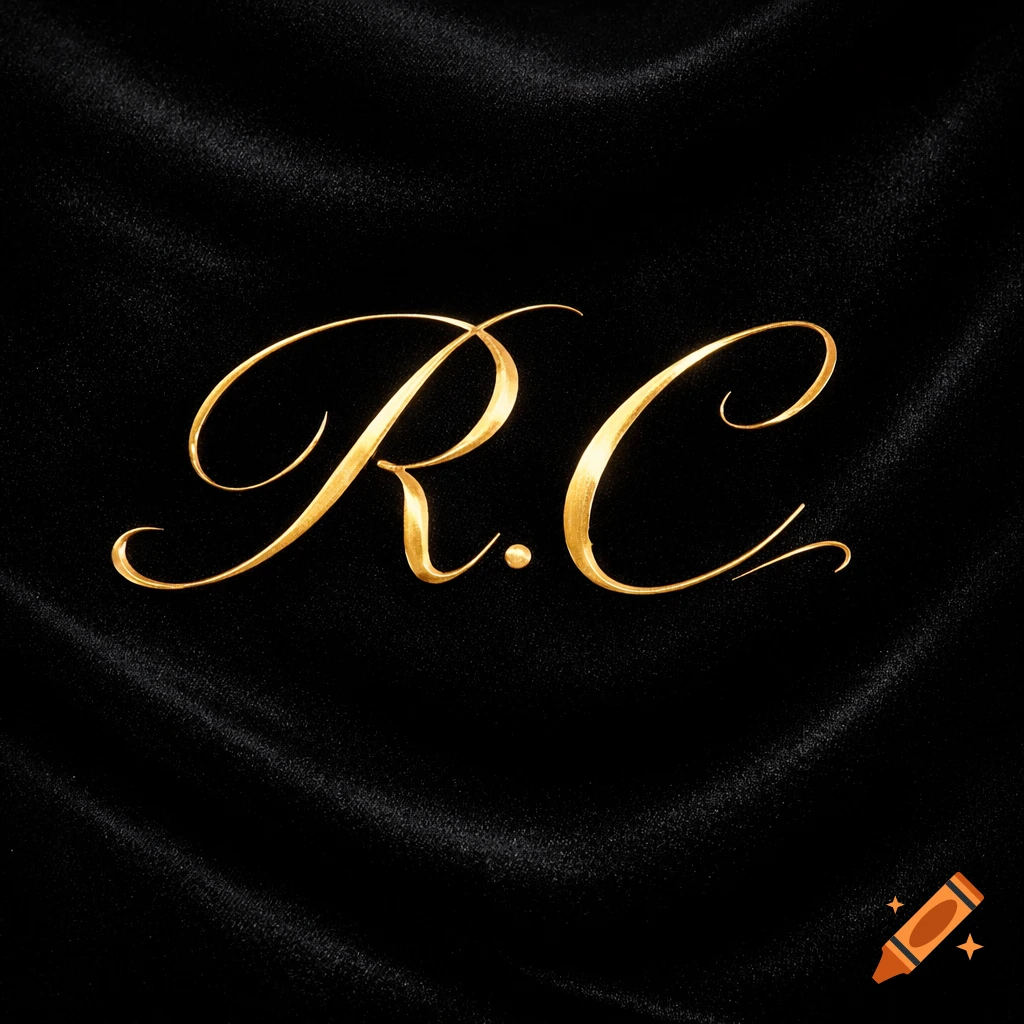 Golden script initials R.C on a draped black velvet background.