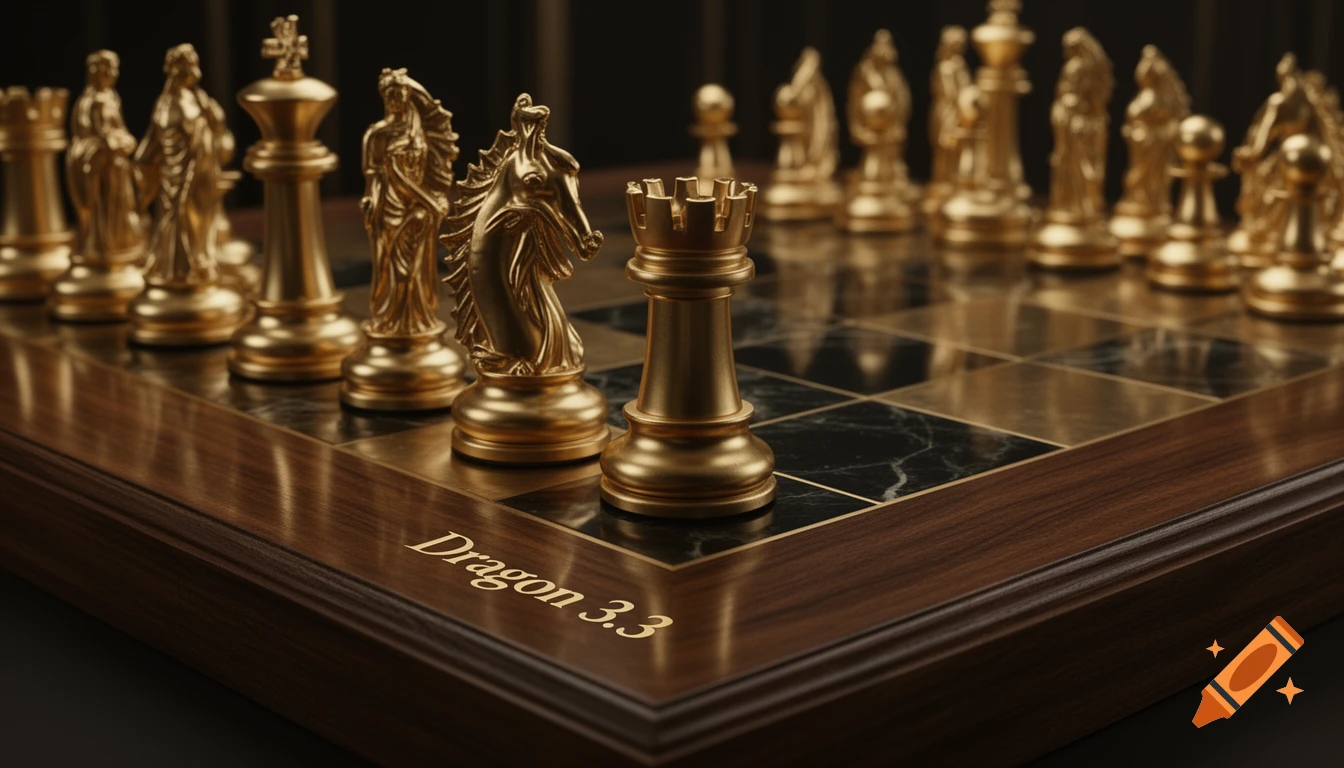Close-up of a luxurious golden and black marble chessboard with golden chess pieces and 'Dragon 3.3' on the wooden edge.