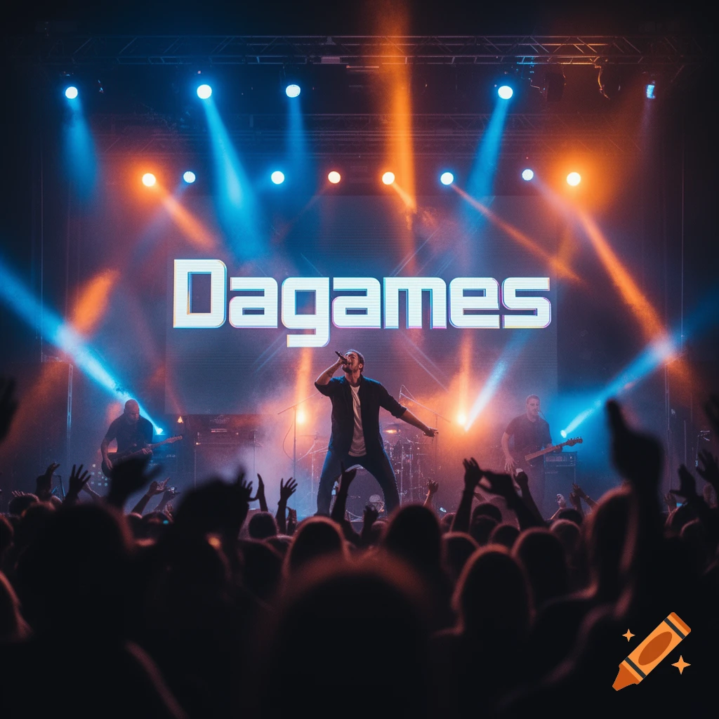 A band performs on stage under blue and orange spotlights, with the word "Dagames" displayed on a large screen behind them, seen from a crowd's perspective.