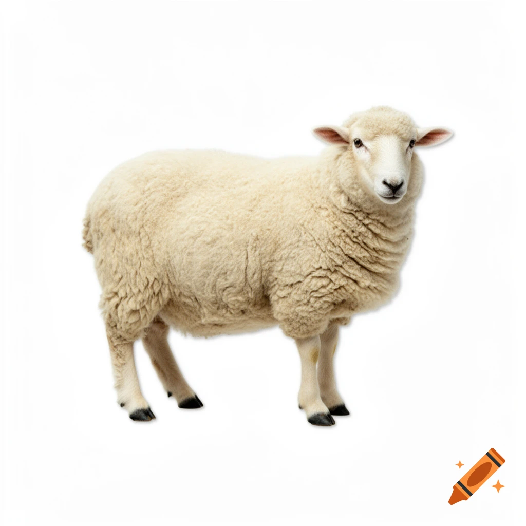 A photorealistic white sheep with thick wool stands facing forward on a pure white background.