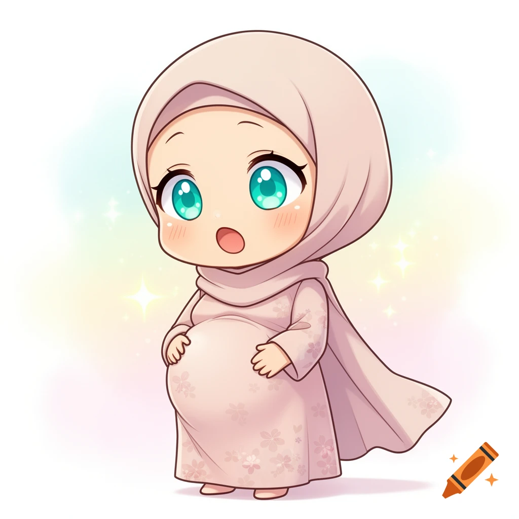 A cute chibi anime-style pregnant woman wearing a light pink hijab and dress, with wide turquoise eyes and hands on her belly.