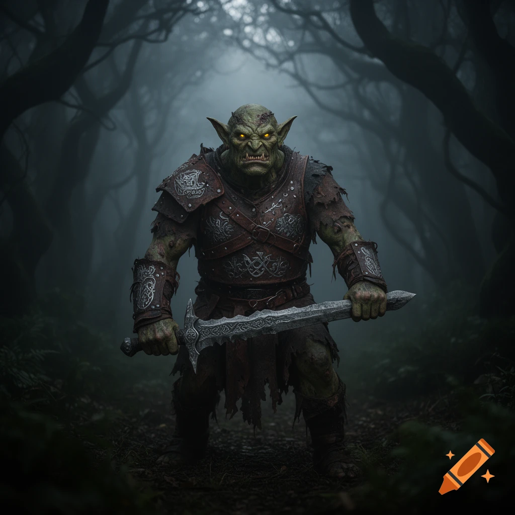 A fearsome green goblin in detailed armor holds a sword in a dark, misty forest, eyes glowing yellow.