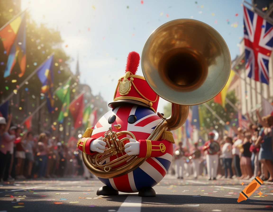 A 3D cartoon UK countryball majorette plays a bronze sousaphone in a lively street parade with confetti and flags.