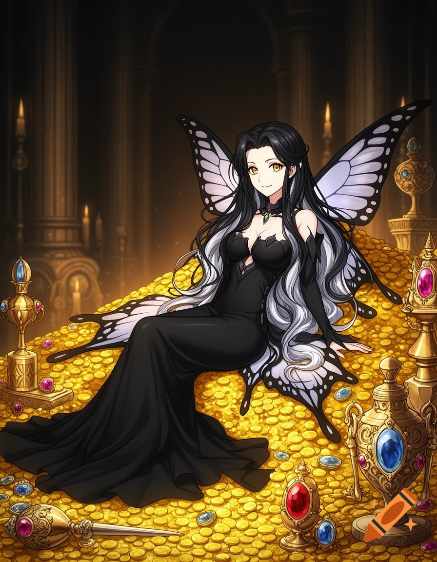 An anime woman with black and white hair and large butterfly wings sits smiling on a pile of gold coins and jewels in a dark, ornate room.
