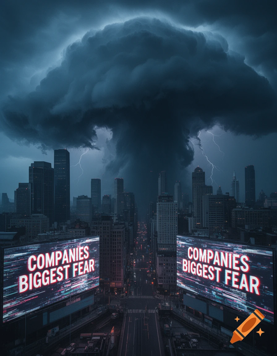Photorealistic cityscape under a dark, stormy sky with lightning, two billboards displaying "COMPANIES BIGGEST FEAR" over a street.