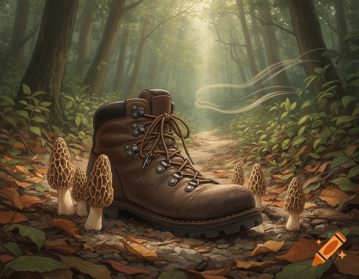 A detailed illustration of a brown hiking boot resting on a forest trail, surrounded by several morel mushrooms. Sunlight filters through the misty trees in the background.