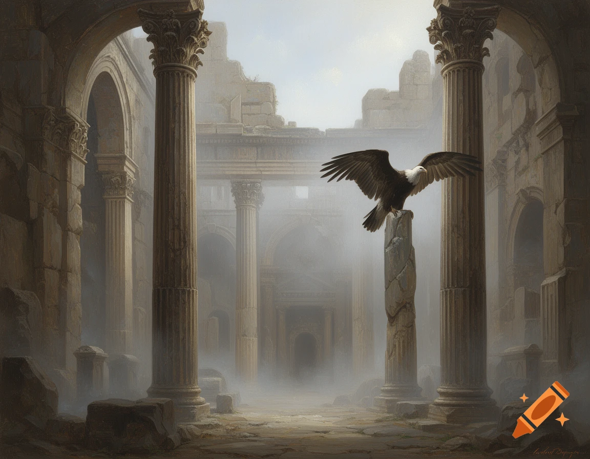 A majestic eagle perches on a broken column amidst misty ancient Roman-style ruins with towering columns and arches, depicted as a painting.