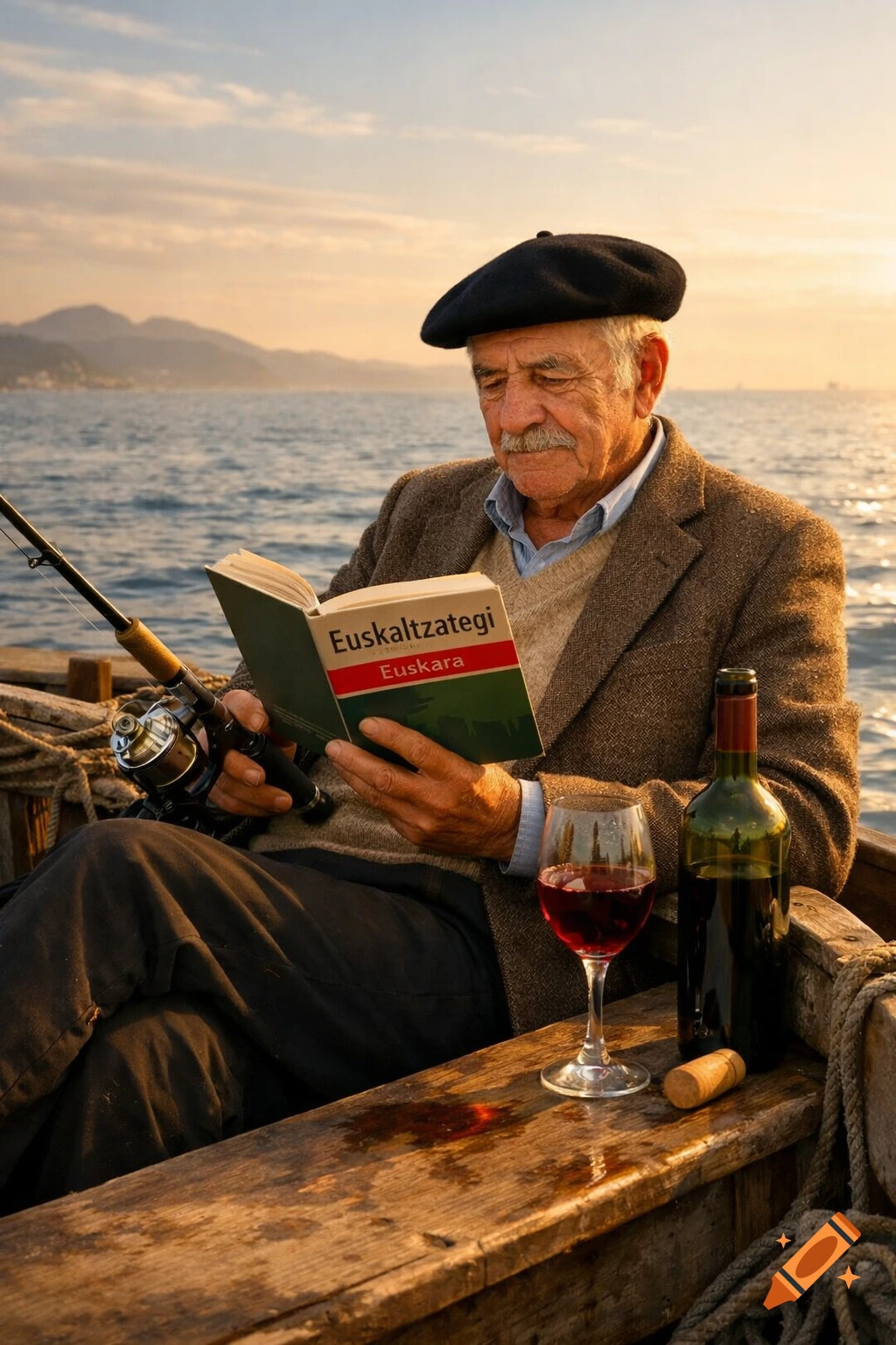An elegant old Basque man in a beret reads a book while fishing from a wooden boat at sunset.