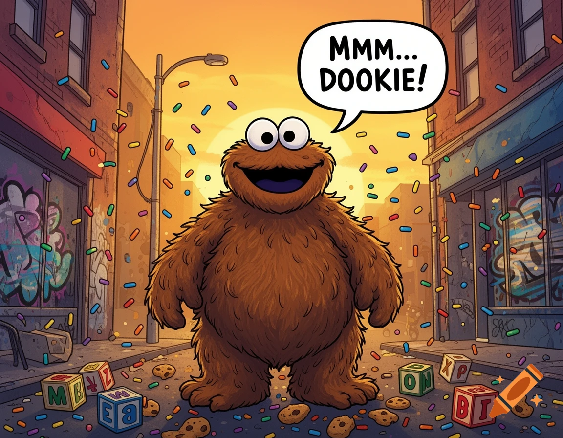 A cartoon Cookie Monster-like character stands in a city street, surrounded by sprinkles and cookies, saying "MMM... DOOKIE!"