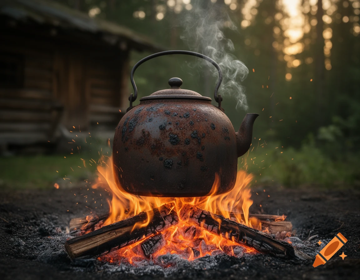 An old, rusty kettle steams over a crackling campfire in a forest, with a rustic cabin in the background.