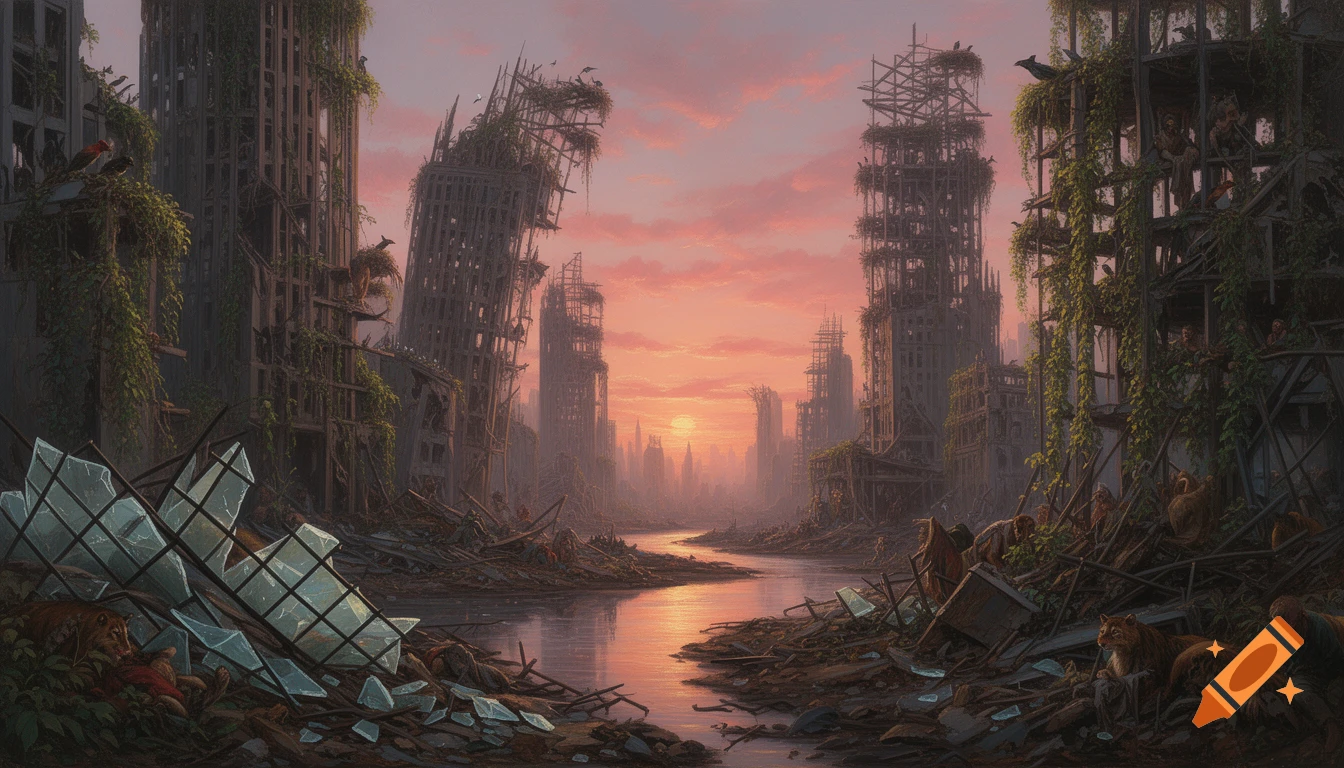A vibrant digital painting shows a ruined city at sunset, with overgrown skeletal buildings framing a reflective river flowing through debris.