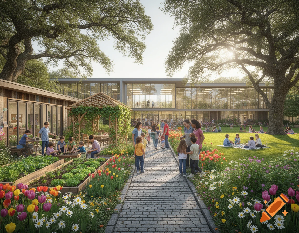 Photorealistic image of a vibrant school garden with children tending plants and adults socializing near a modern school building under large trees.