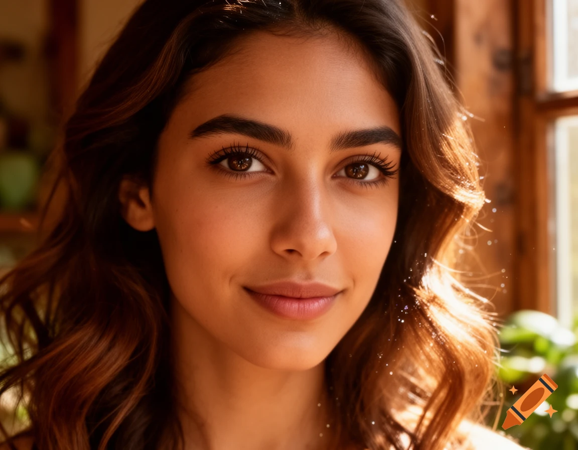Close-up photorealistic portrait of a young woman with long brown wavy ...