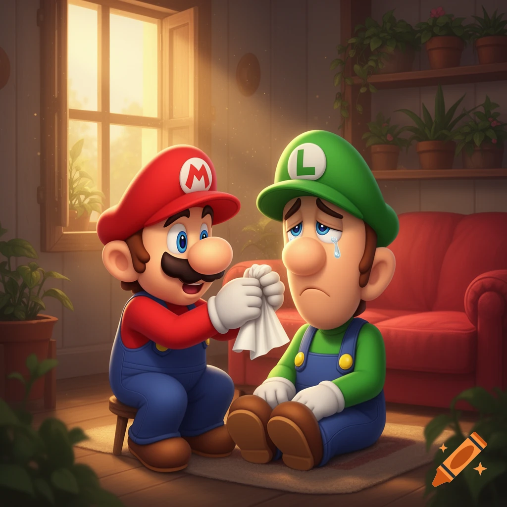 Mario comforts a crying Luigi, offering a tissue, in a warm, sunlit room filled with plants.